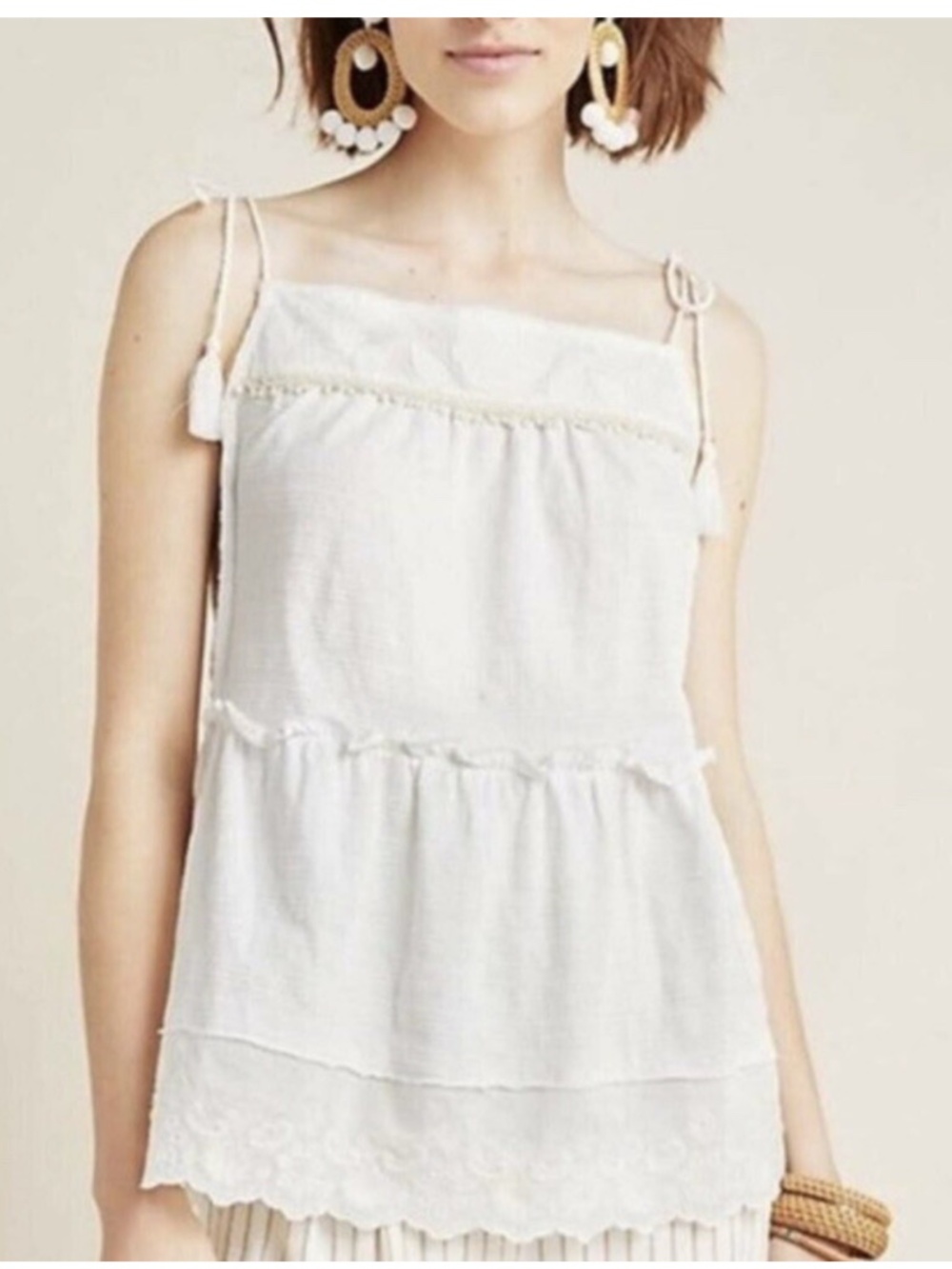 By Anthropologie White‎ Cotton Embroidered Tiered Top Lace Trim Size Medium